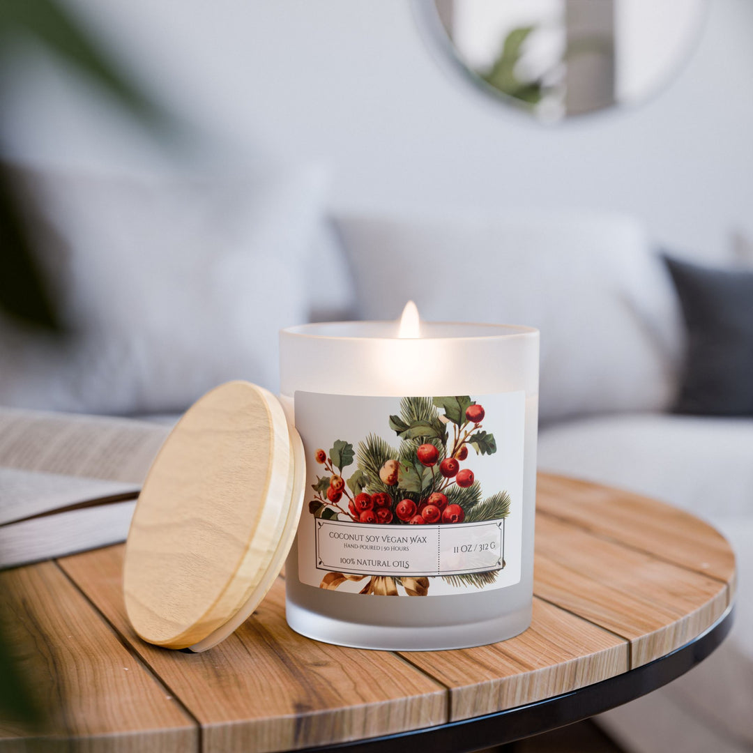 Frosted Glass Candle - 11oz - Vegan Wax - Christmas Holly - Gilded Age Collection